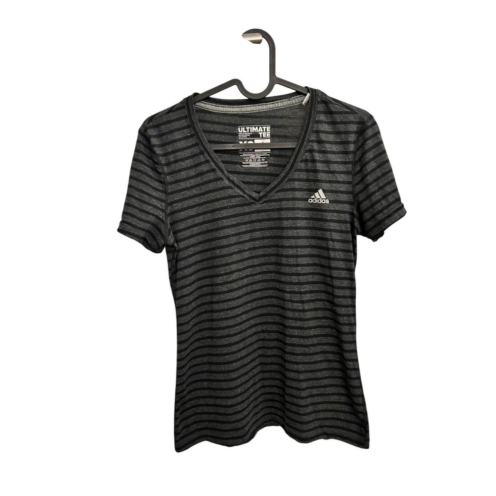 Adidas Ultimate Tee Womens XS Grey Black Striped V-Neck Short Sleeve Excellent